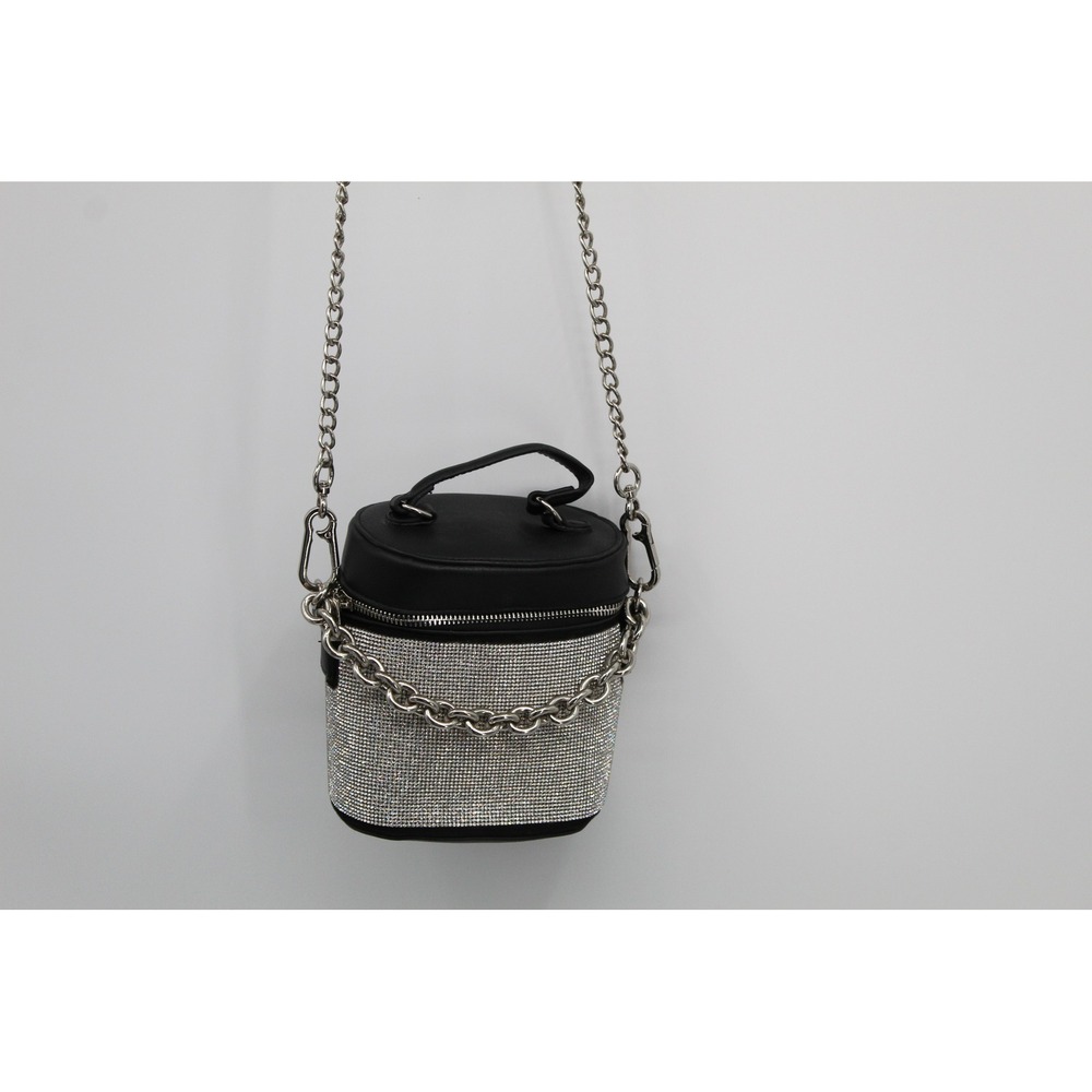 Madden NYC Rhinestone Bucket Bag Black Silver Chain Crossbody Handbag - Picture 2 of 11
